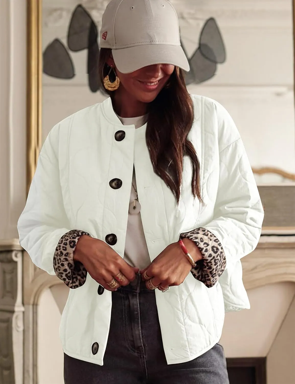 PEHMEA Women's Quilted Lightweight Jackets, Button Down Casual Coat Leopard Lining Bomber Outerwear with Pockets