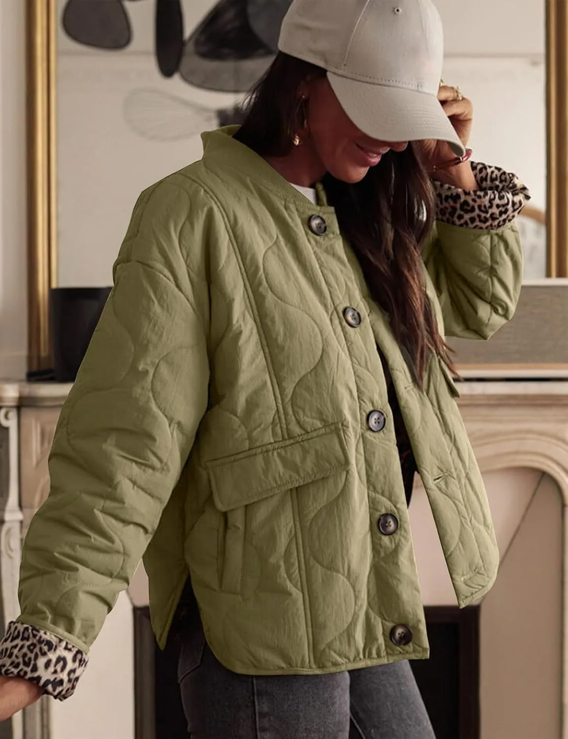 PEHMEA Women's Quilted Lightweight Jackets, Button Down Casual Coat Leopard Lining Bomber Outerwear with Pockets