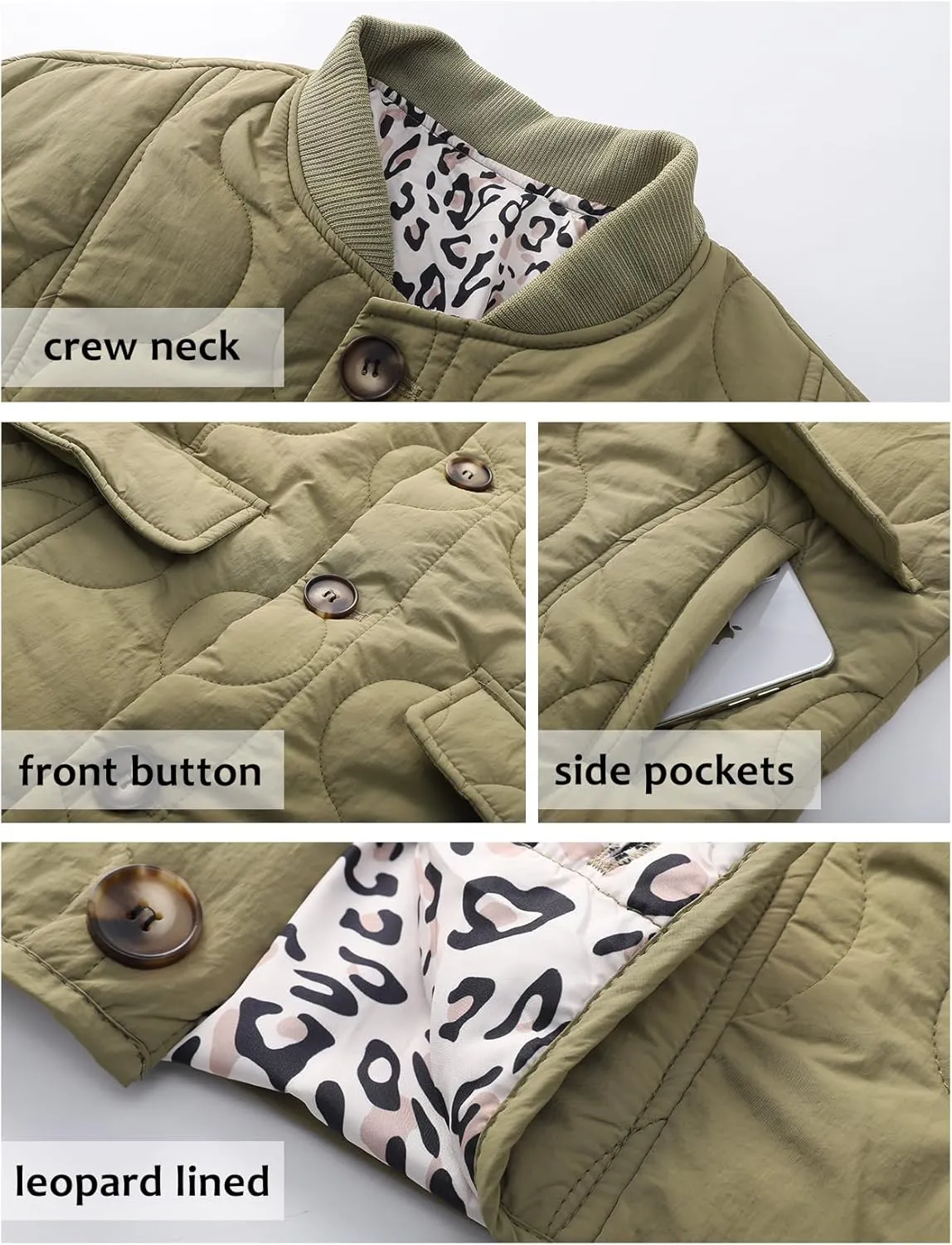 PEHMEA Women's Quilted Lightweight Jackets, Button Down Casual Coat Leopard Lining Bomber Outerwear with Pockets