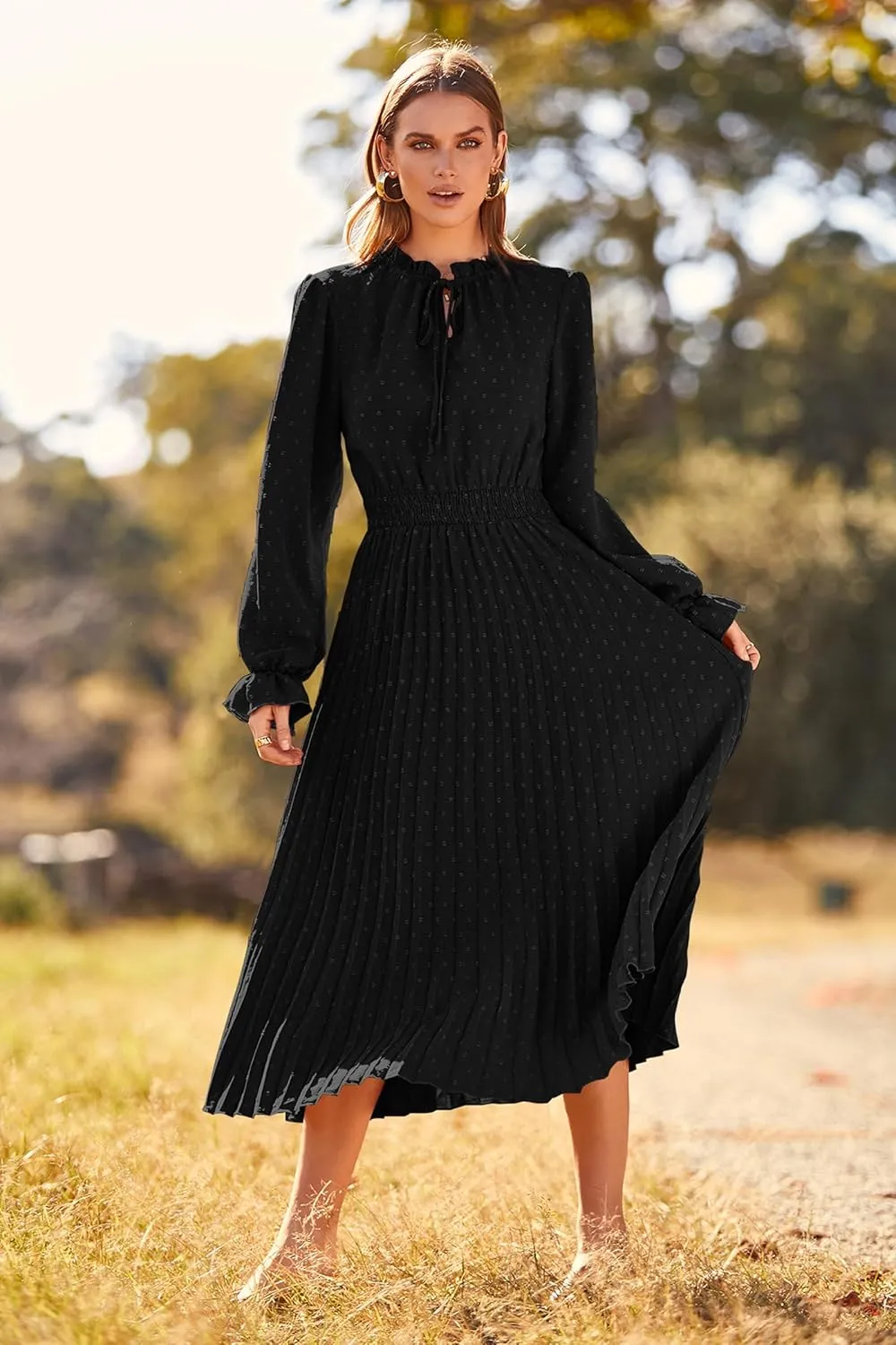 PRETTYGARDEN Women's 2025 Spring Fall Midi Dress Casual Long Sleeve V Neck Swiss Dot Pleated A Line Flowy Dresses
