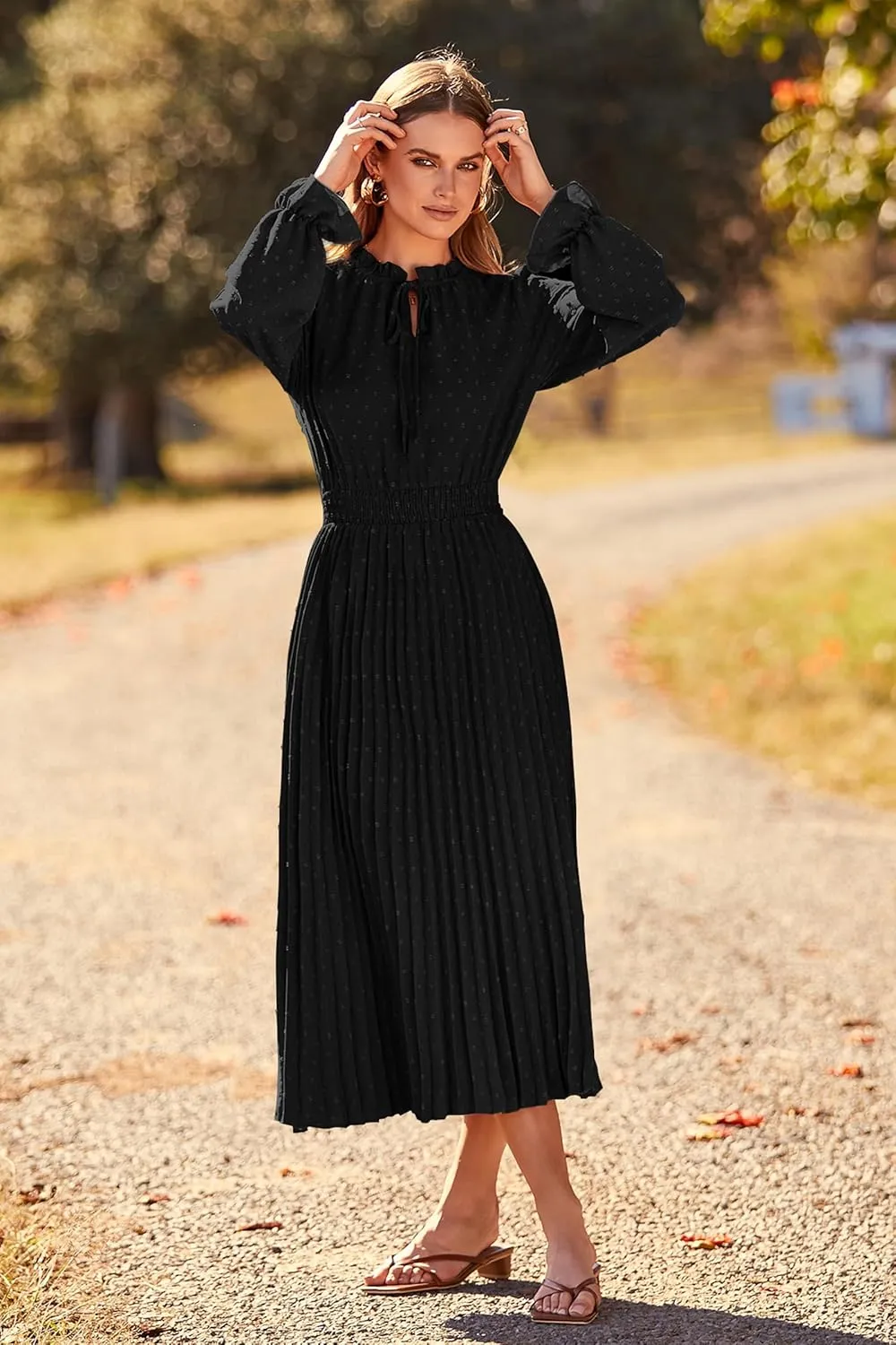 PRETTYGARDEN Women's 2025 Spring Fall Midi Dress Casual Long Sleeve V Neck Swiss Dot Pleated A Line Flowy Dresses