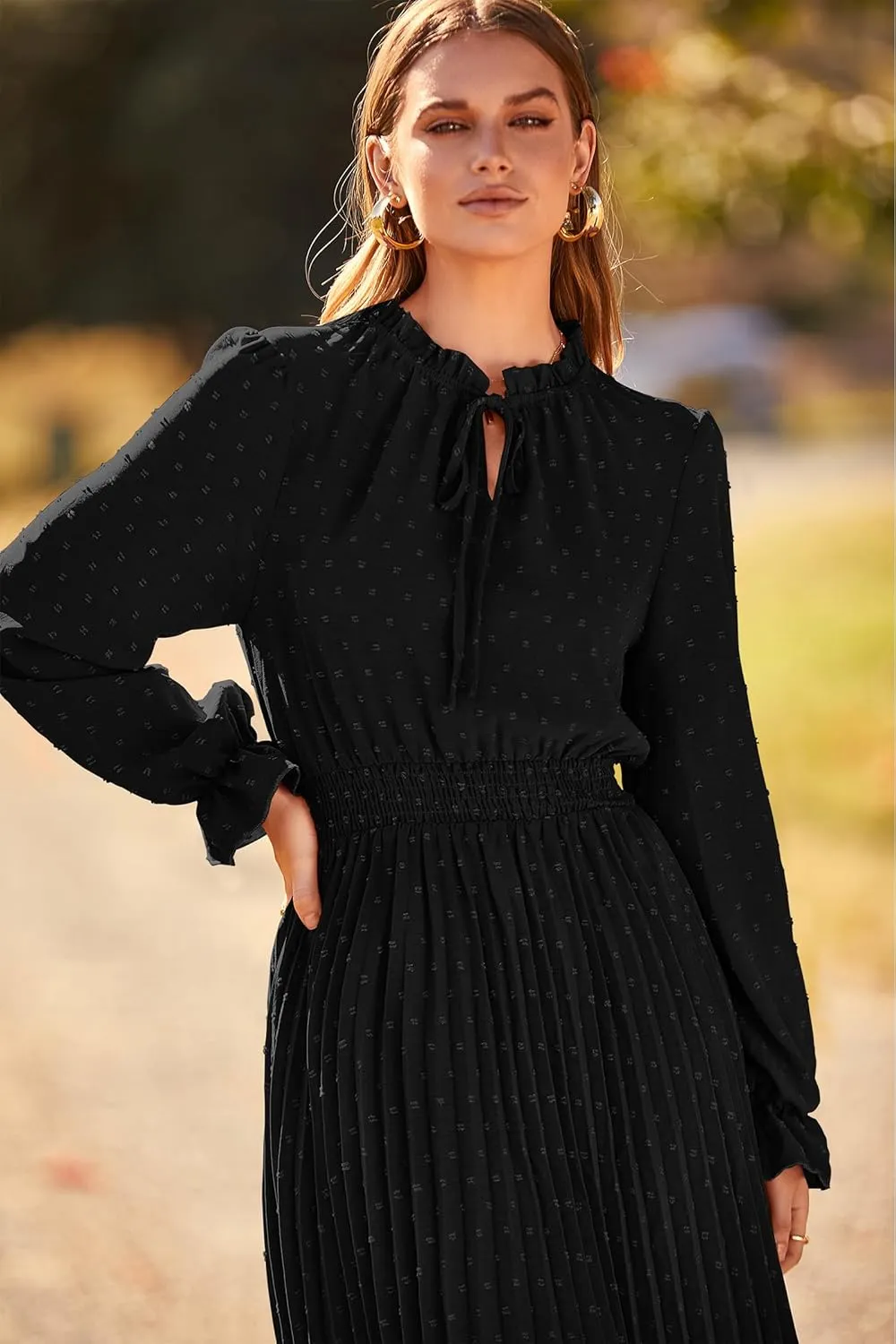 PRETTYGARDEN Women's 2025 Spring Fall Midi Dress Casual Long Sleeve V Neck Swiss Dot Pleated A Line Flowy Dresses