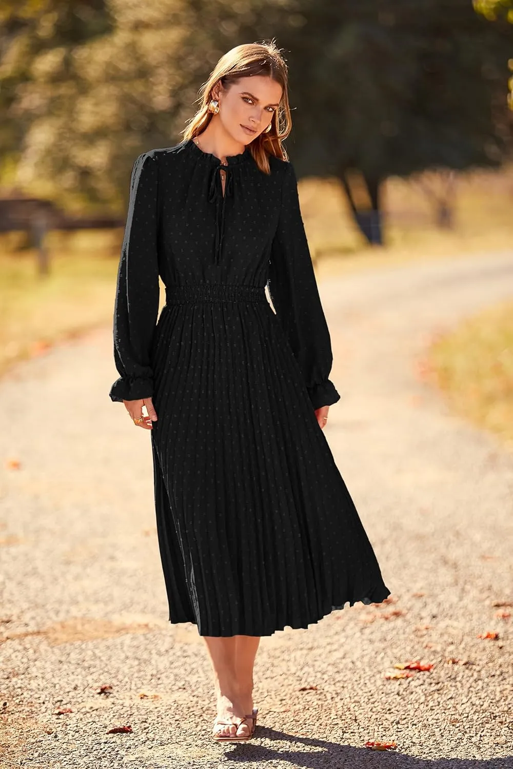 PRETTYGARDEN Women's 2025 Spring Fall Midi Dress Casual Long Sleeve V Neck Swiss Dot Pleated A Line Flowy Dresses