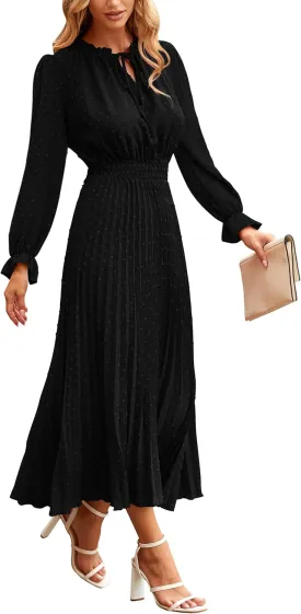 PRETTYGARDEN Women's 2025 Spring Fall Midi Dress Casual Long Sleeve V Neck Swiss Dot Pleated A Line Flowy Dresses