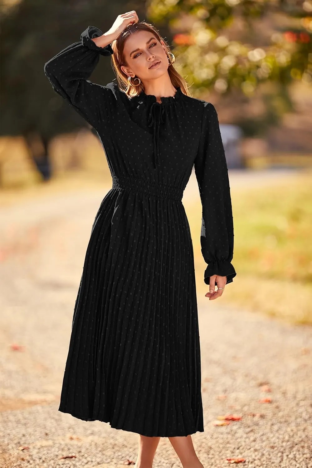 PRETTYGARDEN Women's 2025 Spring Fall Midi Dress Casual Long Sleeve V Neck Swiss Dot Pleated A Line Flowy Dresses
