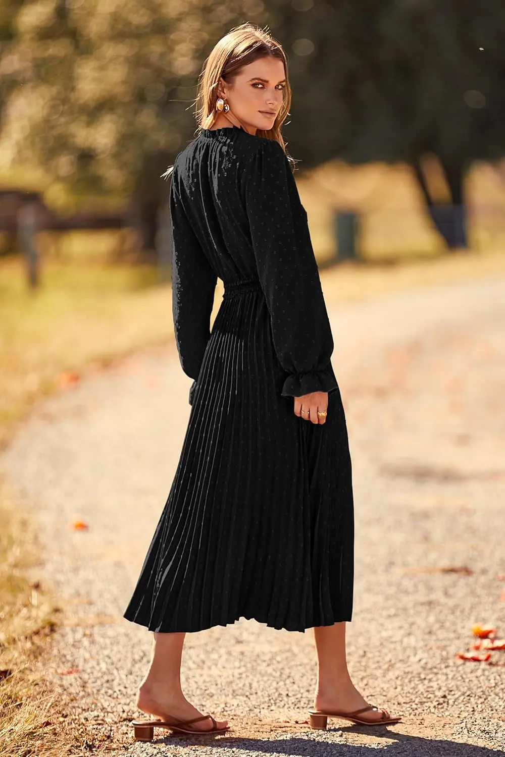 PRETTYGARDEN Women's 2025 Spring Fall Midi Dress Casual Long Sleeve V Neck Swiss Dot Pleated A Line Flowy Dresses