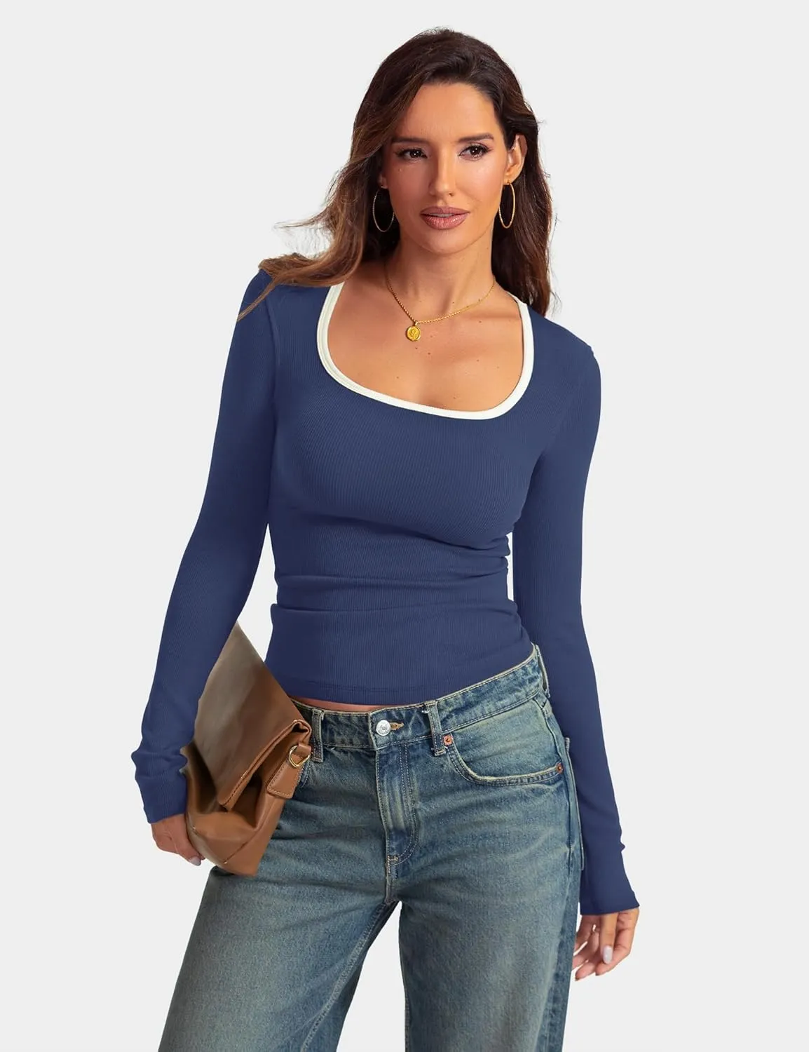 Prettywear Womens Long Sleeve Square Neck Tops Basic Casual Tight Fitted Color Block Shirts Trendy Spring Fall Blouses