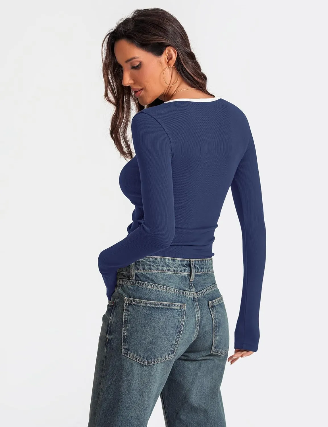 Prettywear Womens Long Sleeve Square Neck Tops Basic Casual Tight Fitted Color Block Shirts Trendy Spring Fall Blouses