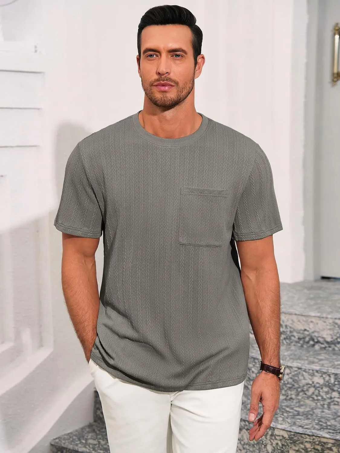 Runcati Mens Short Sleeve T-Shirts Casual Knit Texture Crewneck Pocket Tee Tops Loose Fit Summer Shirt