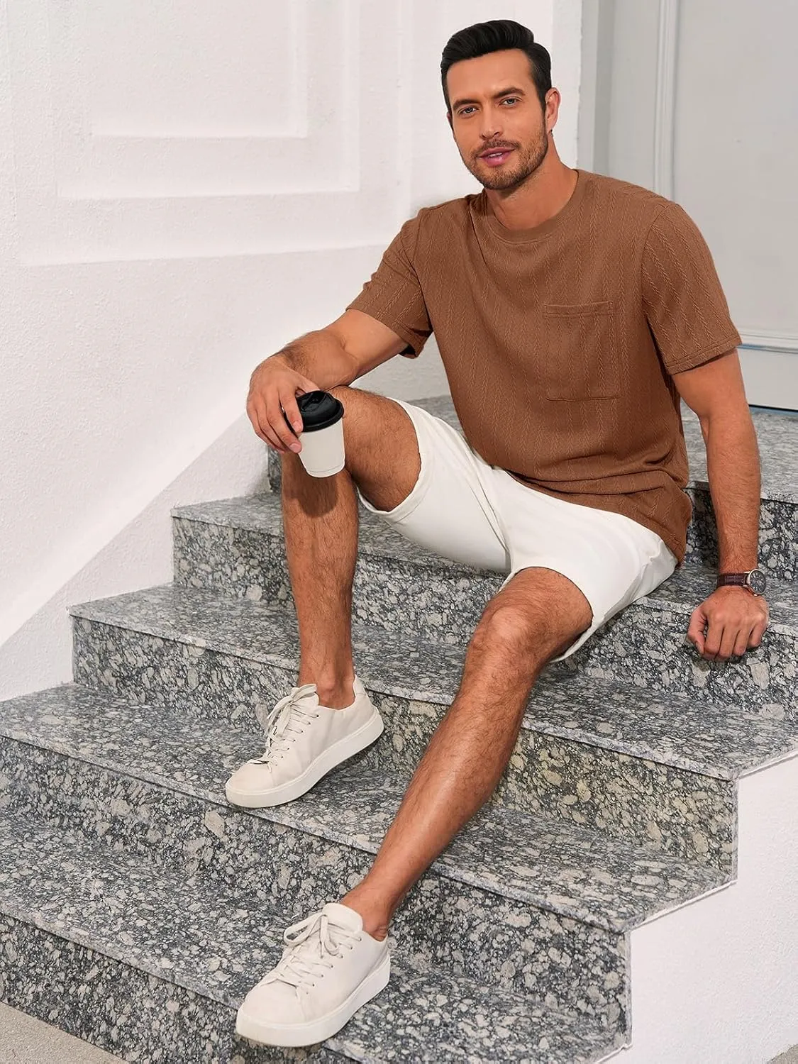 Runcati Mens Short Sleeve T-Shirts Casual Knit Texture Crewneck Pocket Tee Tops Loose Fit Summer Shirt