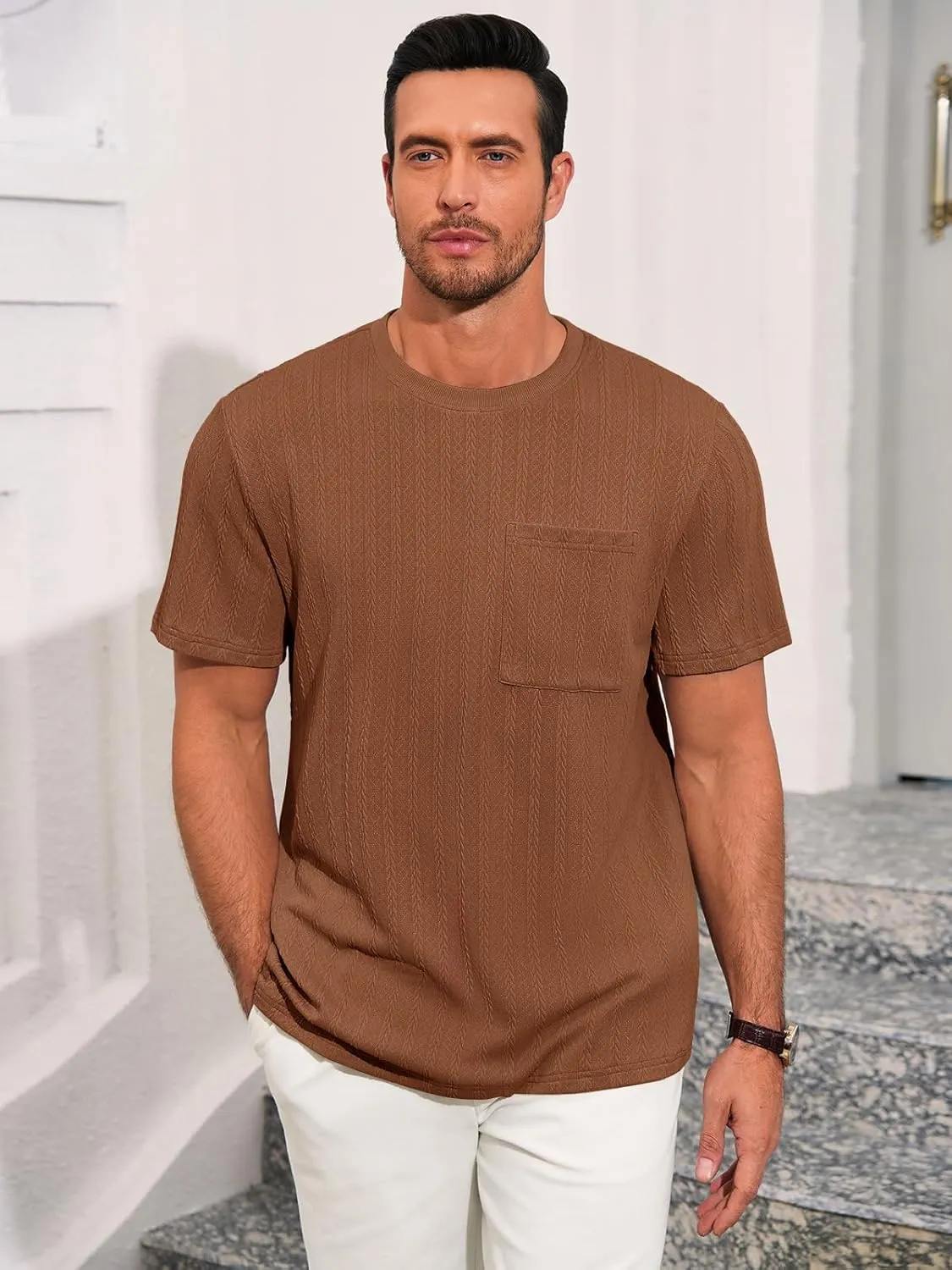 Runcati Mens Short Sleeve T-Shirts Casual Knit Texture Crewneck Pocket Tee Tops Loose Fit Summer Shirt