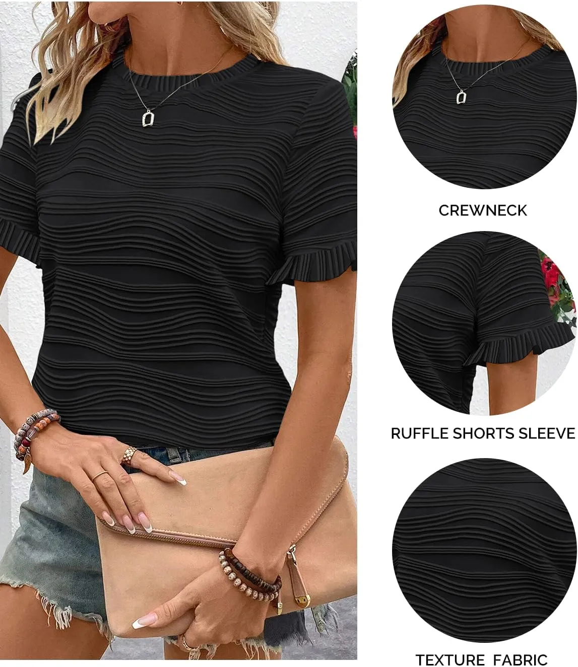 Samefar Womens Crewneck Texture Ruffle Shorts Sleeve Shirts Casual Loose Flowy Tee Tops Blouses Fashion Outfits Trendy