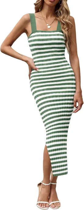 Saodimallsu Womens Summer Striped Knit Bodycon Dresses Sleeveless Square Neck Side Slit Ribbed Midi Sweater Tank Dress