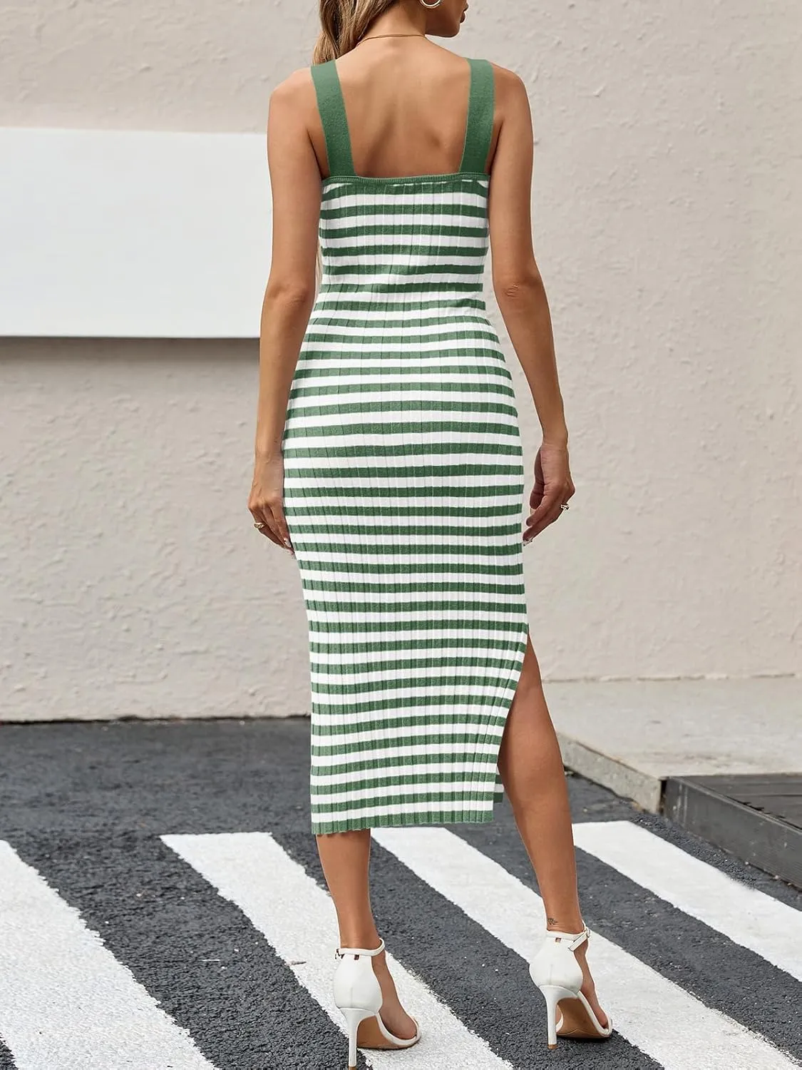 Saodimallsu Womens Summer Striped Knit Bodycon Dresses Sleeveless Square Neck Side Slit Ribbed Midi Sweater Tank Dress