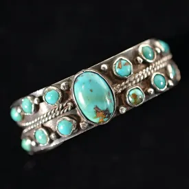SOLD Vintage Fred Harvey Era Silver Turquoise Cluster Bracelet, 28.8 Grams