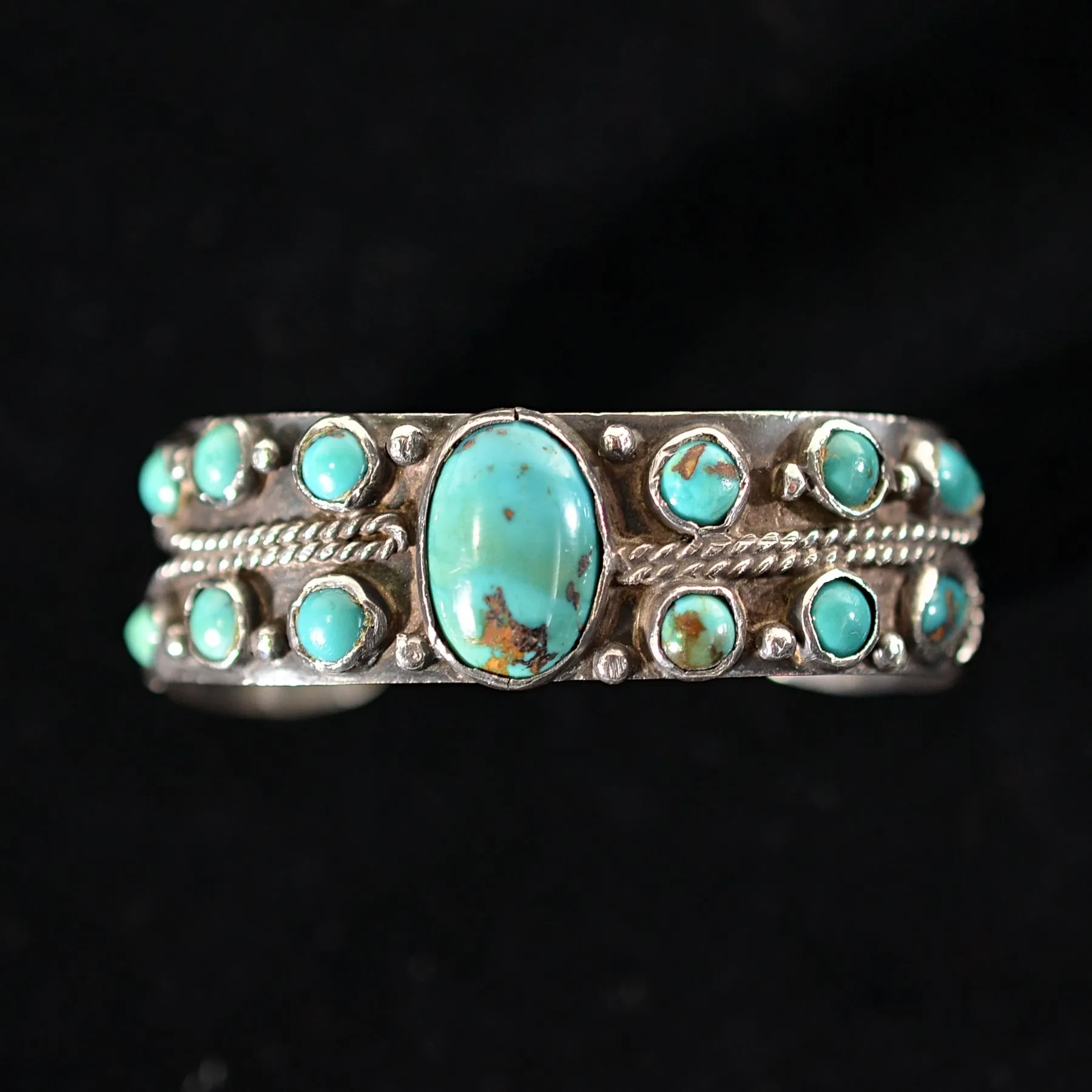 SOLD Vintage Fred Harvey Era Silver Turquoise Cluster Bracelet, 28.8 Grams