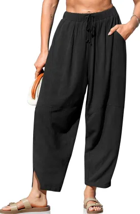 TARSE Women's Linen Harem Pants Casual Loose Fit Wide Leg Cropped Lightweight Drawstring Elastic Waist Pants with Pockets