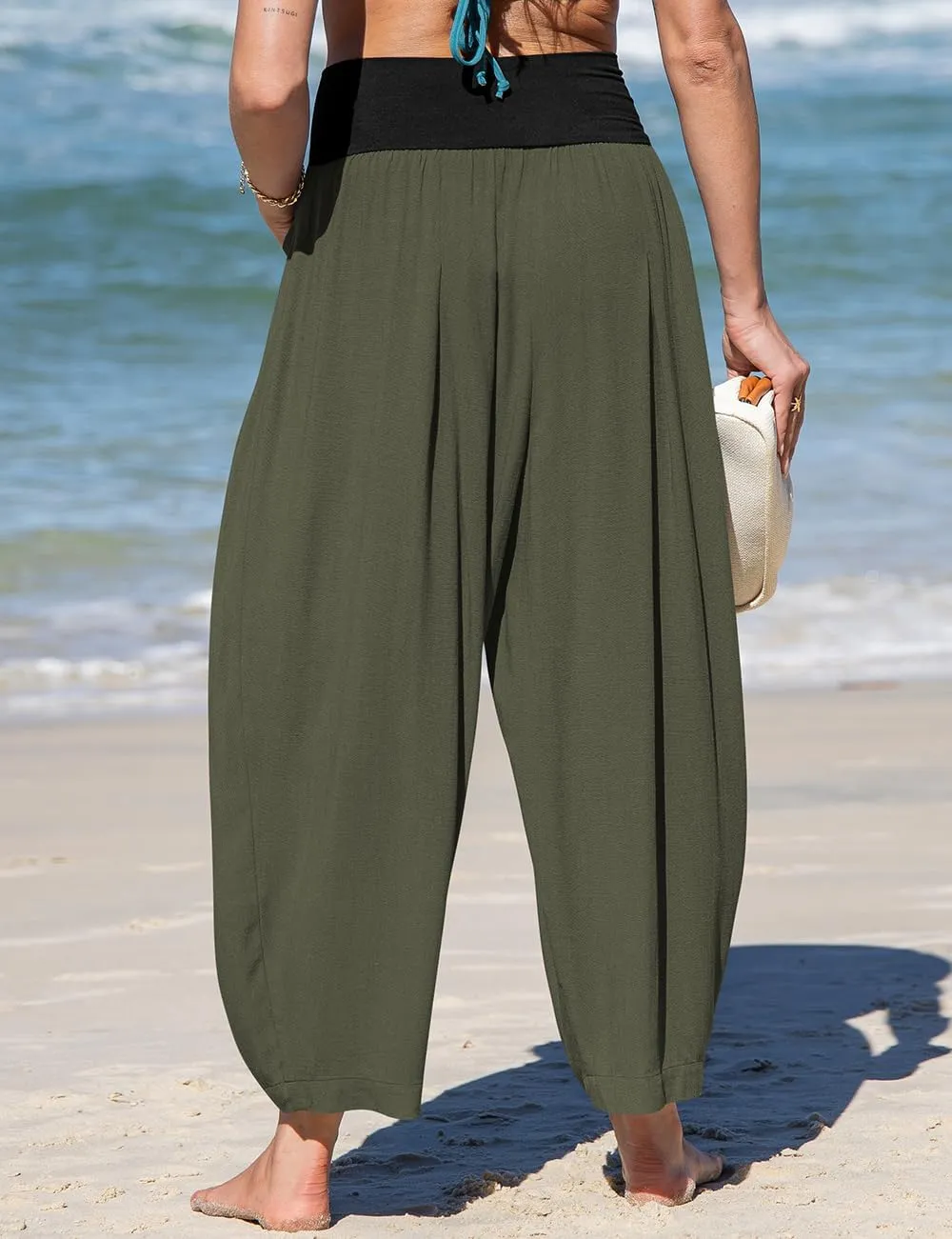 TARSE Womens Linen Harem Pants Loose Fit Boho Casual Trousers Wide Leg Lounge Pants with Pockets