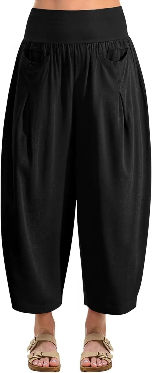 TARSE Womens Linen Harem Pants Loose Fit Boho Casual Trousers Wide Leg Lounge Pants with Pockets