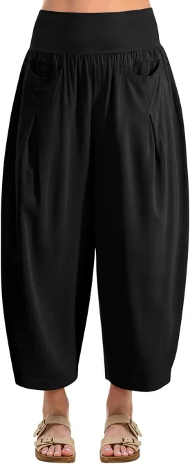 TARSE Womens Linen Harem Pants Loose Fit Boho Casual Trousers Wide Leg Lounge Pants with Pockets