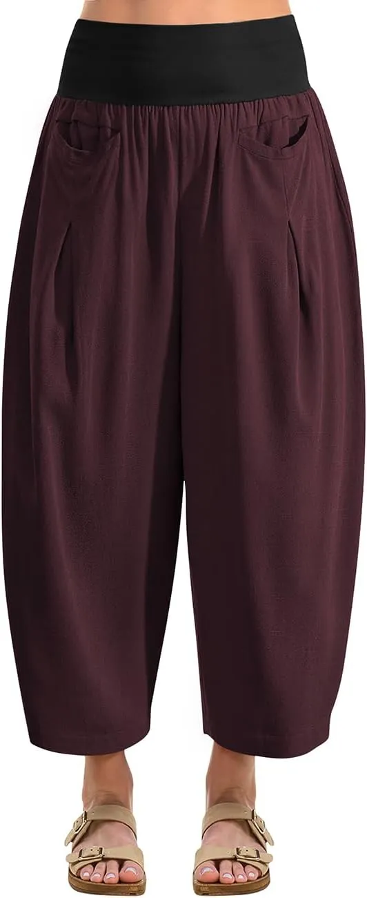 TARSE Womens Linen Harem Pants Loose Fit Boho Casual Trousers Wide Leg Lounge Pants with Pockets