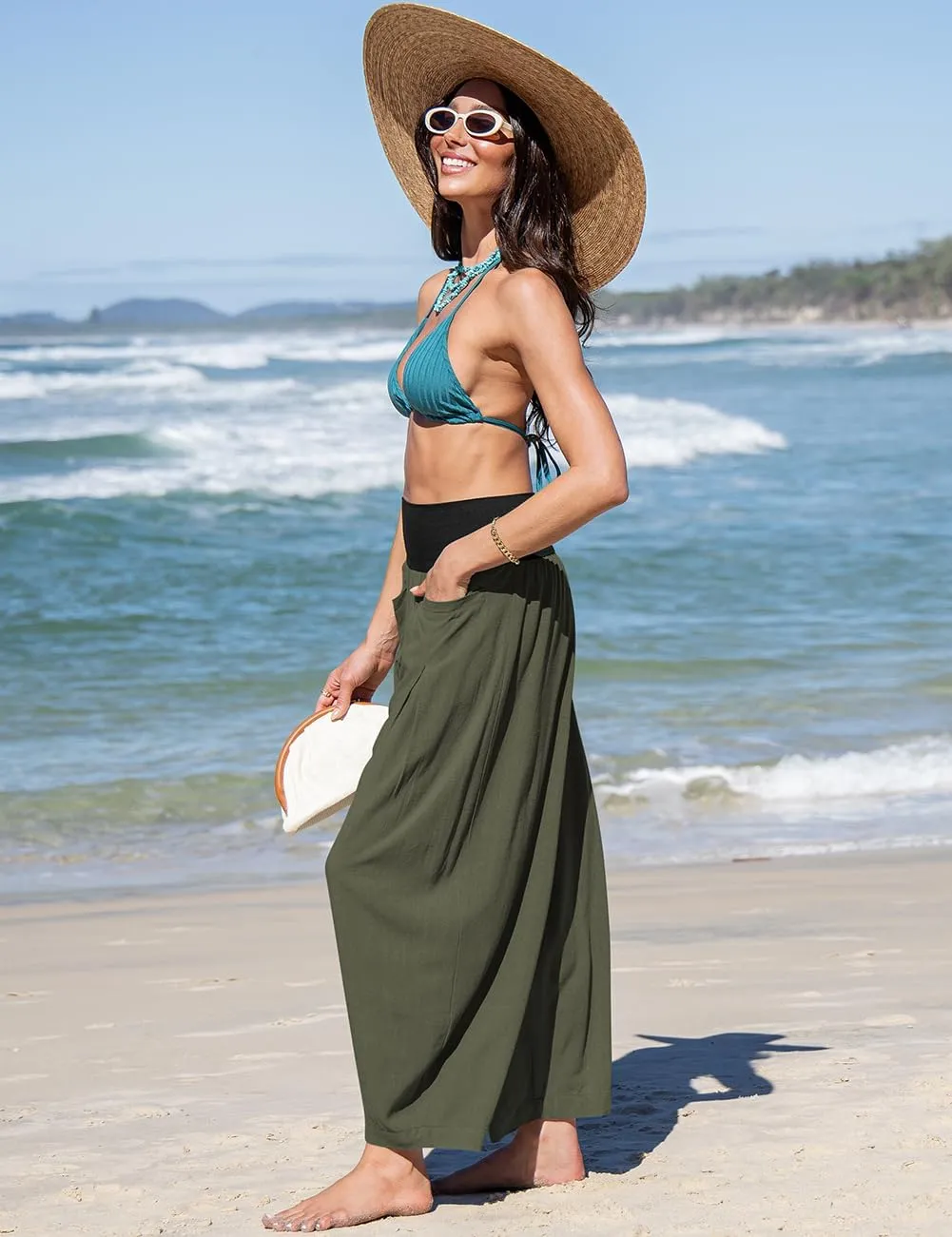 TARSE Womens Linen Harem Pants Loose Fit Boho Casual Trousers Wide Leg Lounge Pants with Pockets