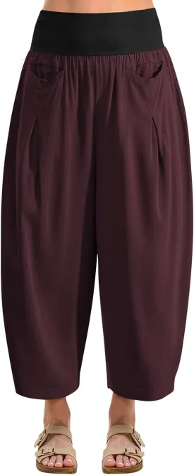 TARSE Womens Linen Harem Pants Loose Fit Boho Casual Trousers Wide Leg Lounge Pants with Pockets