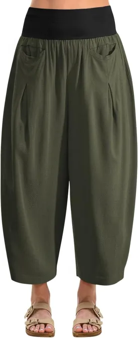 TARSE Womens Linen Harem Pants Loose Fit Boho Casual Trousers Wide Leg Lounge Pants with Pockets