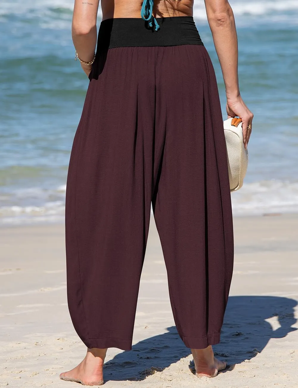 TARSE Womens Linen Harem Pants Loose Fit Boho Casual Trousers Wide Leg Lounge Pants with Pockets
