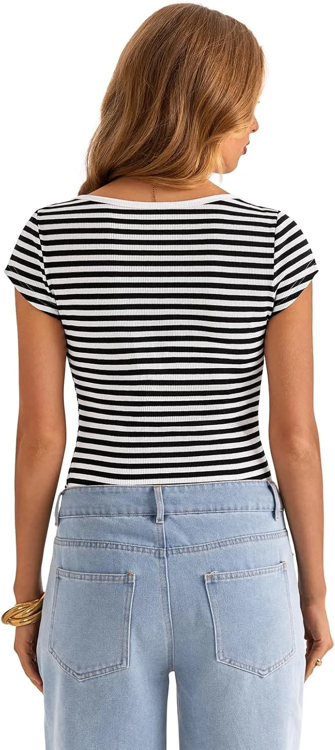 Womens Cap Sleeve Ribbed Tops Boat Neck Short Sleeve Slim Fitted Shirts Basic Going Out Summer Outfits Clothes