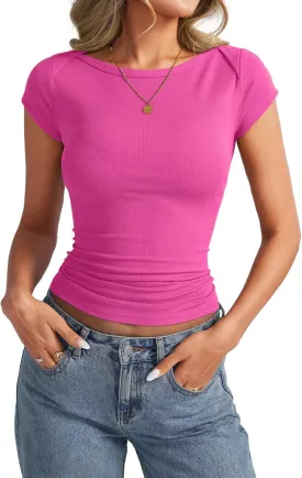 Womens Cap Sleeve Ribbed Tops Boat Neck Short Sleeve Slim Fitted Shirts Basic Going Out Summer Outfits Clothes
