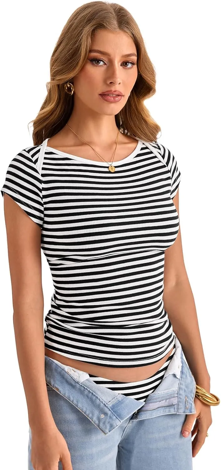 Womens Cap Sleeve Ribbed Tops Boat Neck Short Sleeve Slim Fitted Shirts Basic Going Out Summer Outfits Clothes