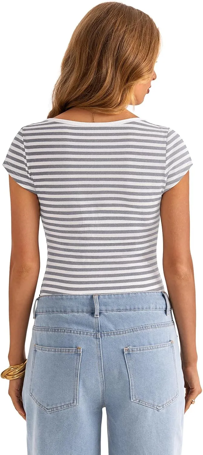 Womens Cap Sleeve Ribbed Tops Boat Neck Short Sleeve Slim Fitted Shirts Basic Going Out Summer Outfits Clothes