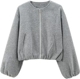 Women's Fleece Bomber Jacket With Zipper Soft Cropped Long Sleeve Sporty Coat