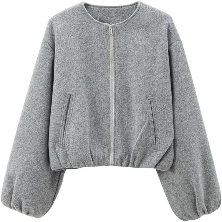 Women's Fleece Bomber Jacket With Zipper Soft Cropped Long Sleeve Sporty Coat