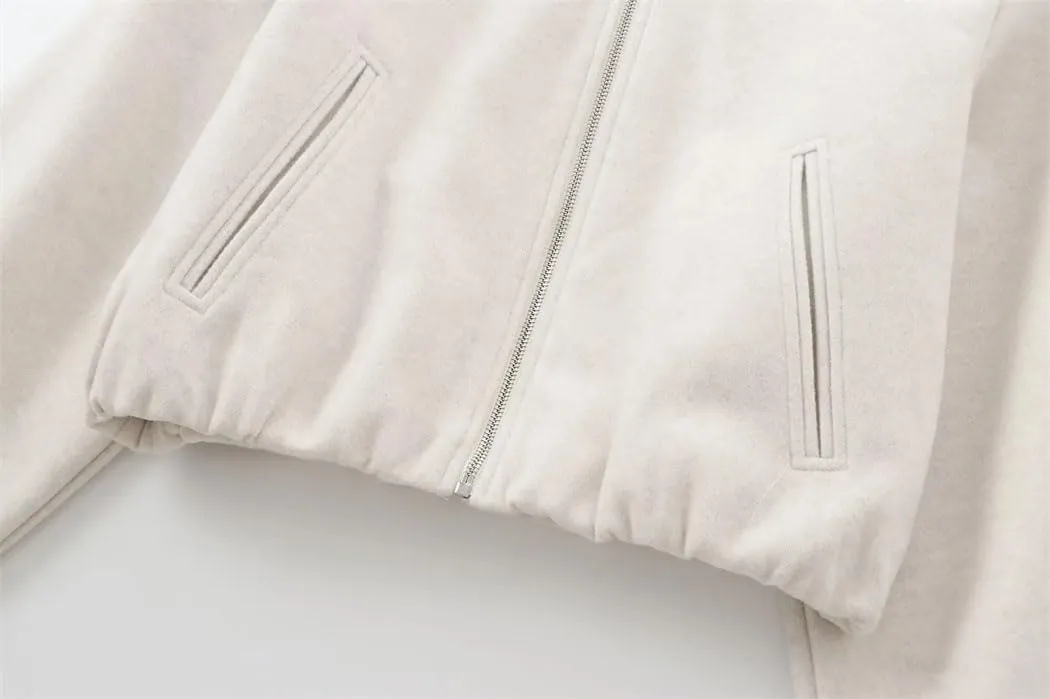Women's Fleece Bomber Jacket With Zipper Soft Cropped Long Sleeve Sporty Coat