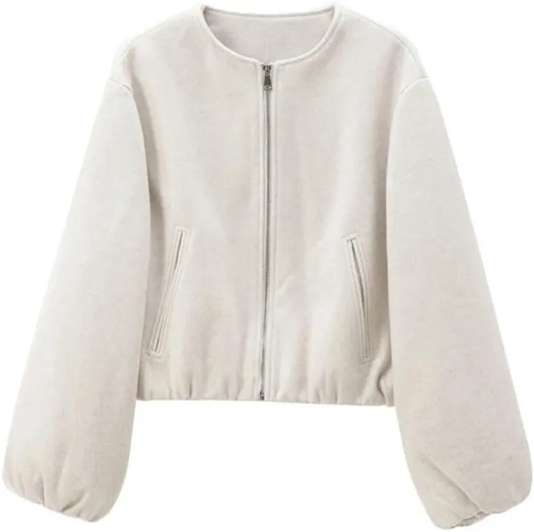 Women's Fleece Bomber Jacket With Zipper Soft Cropped Long Sleeve Sporty Coat
