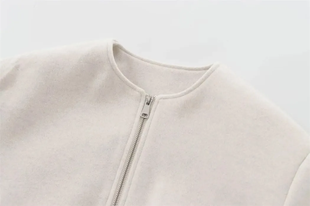 Women's Fleece Bomber Jacket With Zipper Soft Cropped Long Sleeve Sporty Coat
