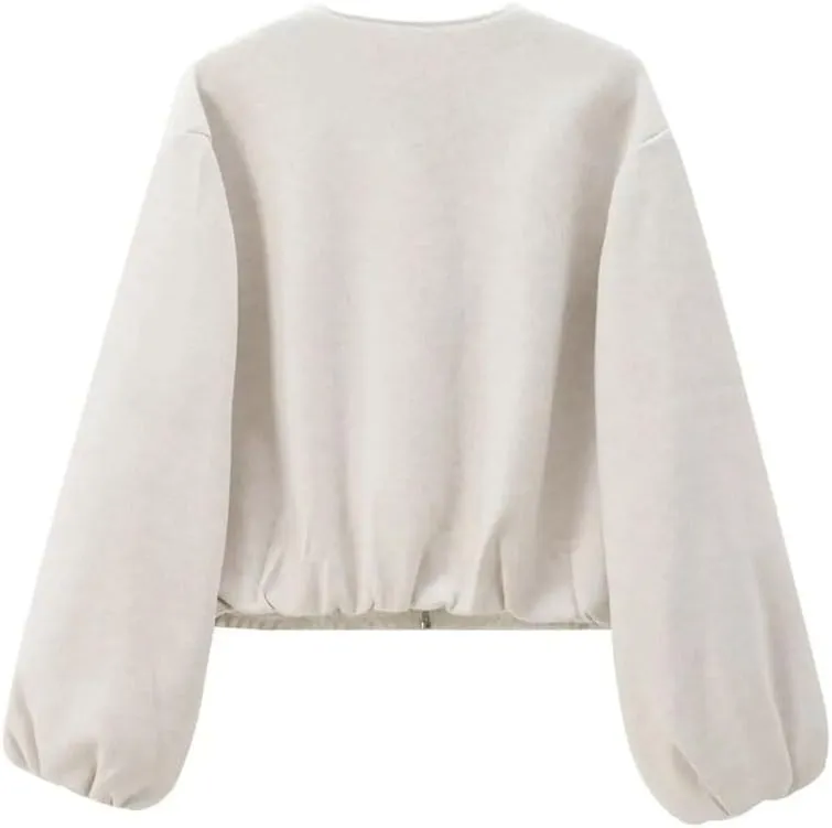 Women's Fleece Bomber Jacket With Zipper Soft Cropped Long Sleeve Sporty Coat