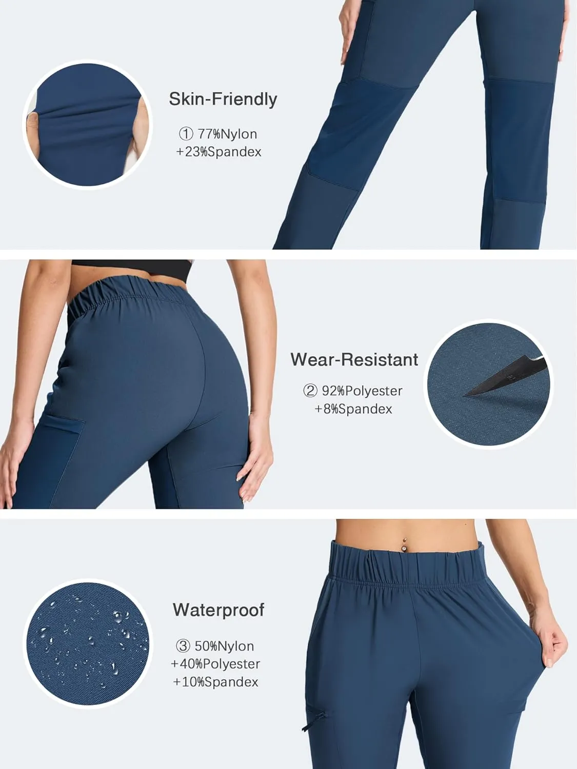 Women's Hiking Pants Quick Dry Travel Lightweight Waterproof Waist Cargo Pants with Zipper Pockets Casual Outdoor
