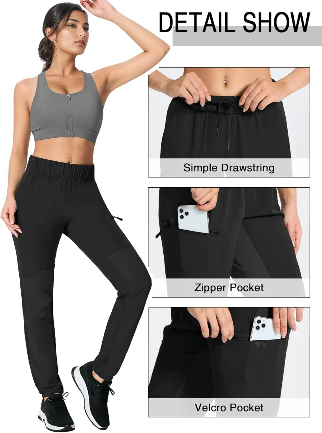 Women's Hiking Pants Quick Dry Travel Lightweight Waterproof Waist Cargo Pants with Zipper Pockets Casual Outdoor