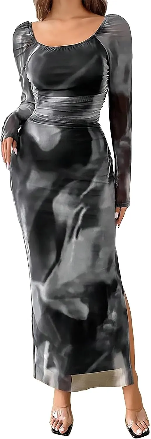 Women's Long Sleeve Maxi Dress Tie Dye Mesh Layered Bodycon Ruched Off Shoulder Long Dresses Side Slit Elegant Clothes