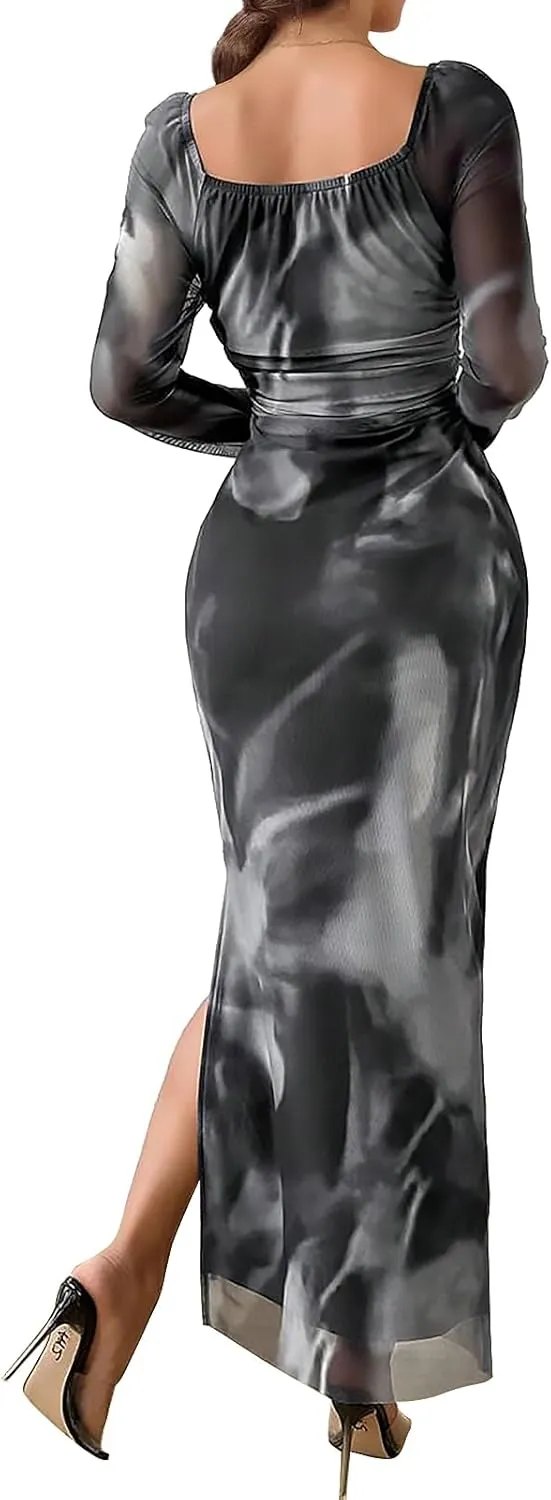 Women's Long Sleeve Maxi Dress Tie Dye Mesh Layered Bodycon Ruched Off Shoulder Long Dresses Side Slit Elegant Clothes