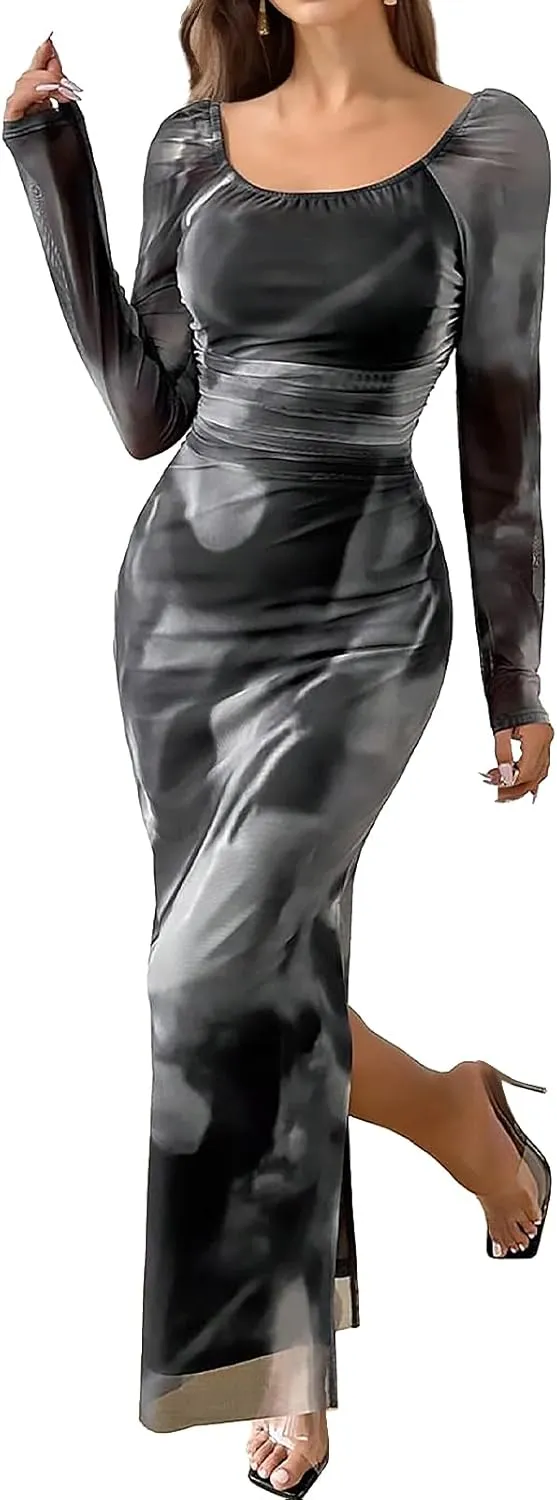 Women's Long Sleeve Maxi Dress Tie Dye Mesh Layered Bodycon Ruched Off Shoulder Long Dresses Side Slit Elegant Clothes