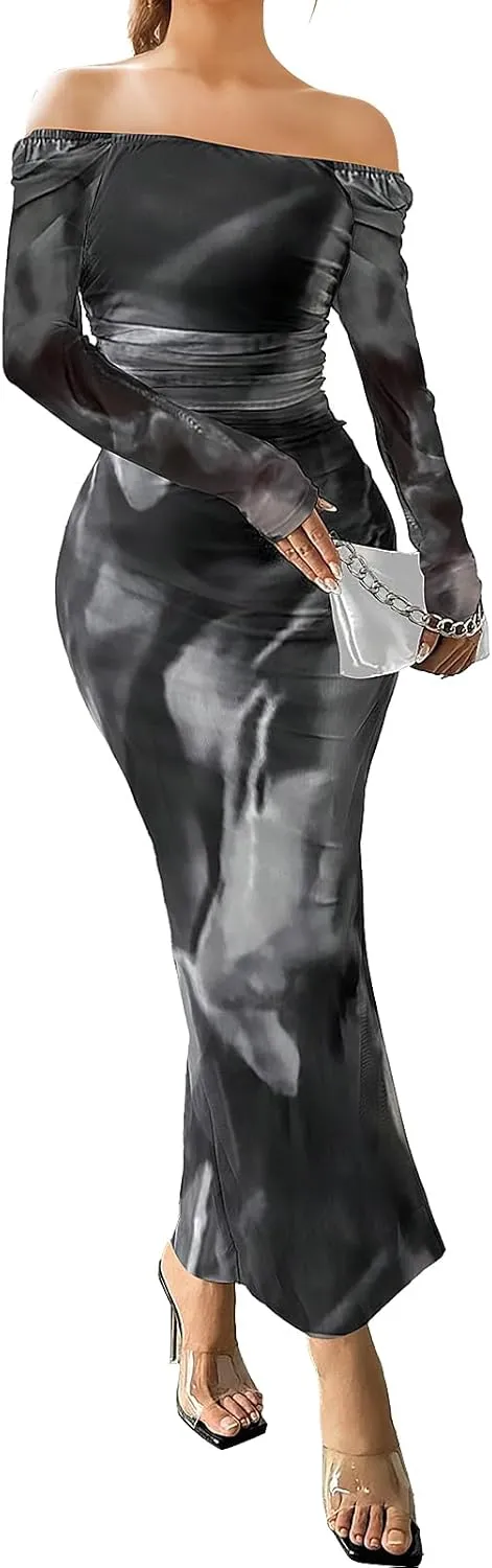 Women's Long Sleeve Maxi Dress Tie Dye Mesh Layered Bodycon Ruched Off Shoulder Long Dresses Side Slit Elegant Clothes