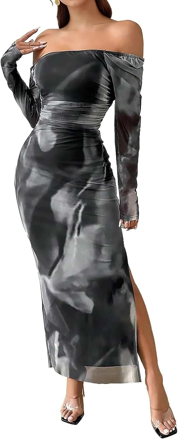 Women's Long Sleeve Maxi Dress Tie Dye Mesh Layered Bodycon Ruched Off Shoulder Long Dresses Side Slit Elegant Clothes