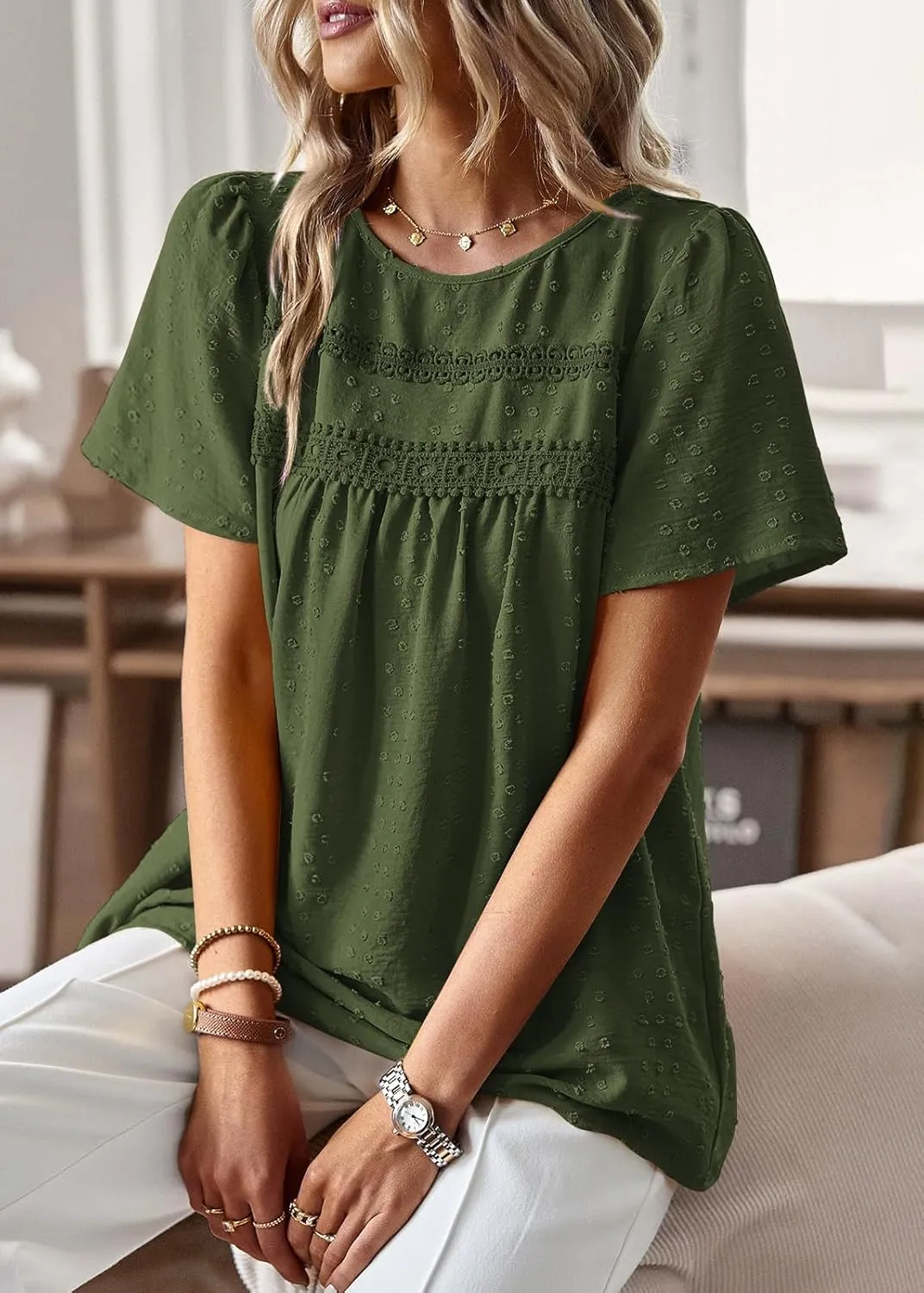 Womens Summer Tops Trendy Lace Crochet Short Sleeve Shirts Cute Casual Boho Flowy Chiffon Blouses