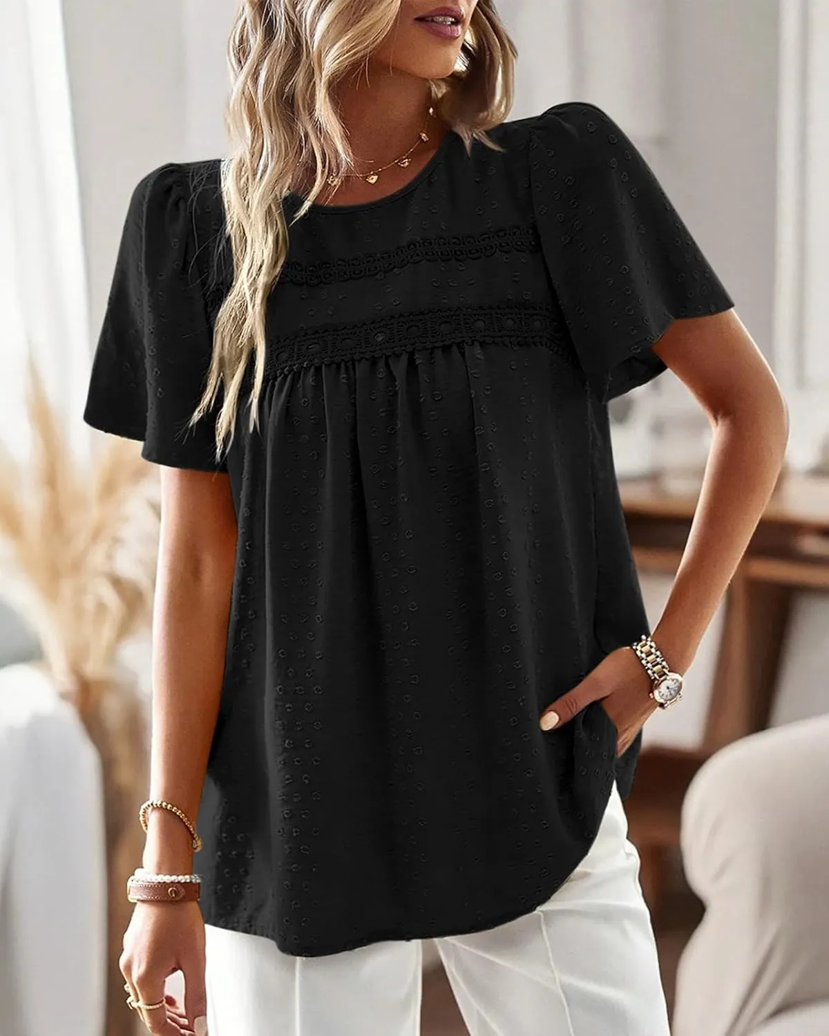 Womens Summer Tops Trendy Lace Crochet Short Sleeve Shirts Cute Casual Boho Flowy Chiffon Blouses