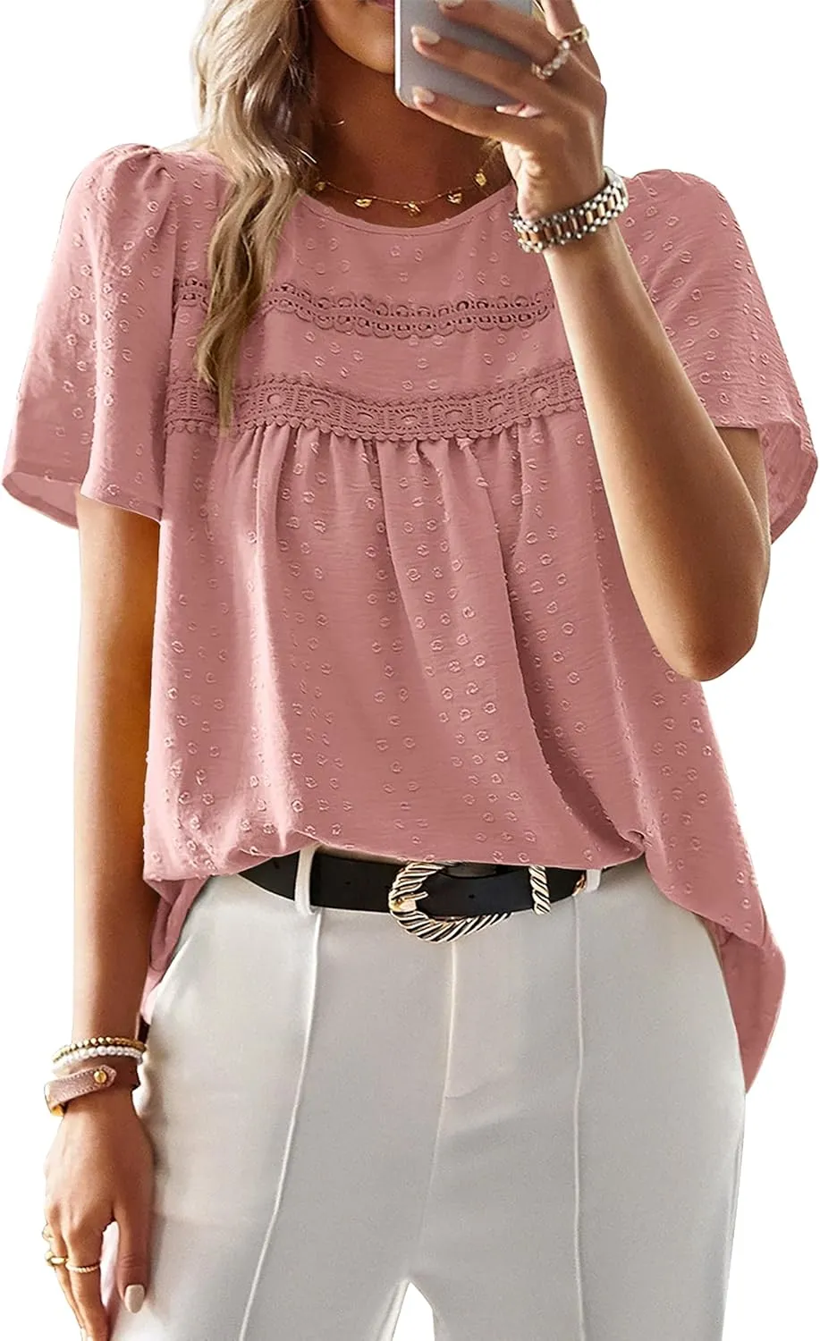 Womens Summer Tops Trendy Lace Crochet Short Sleeve Shirts Cute Casual Boho Flowy Chiffon Blouses