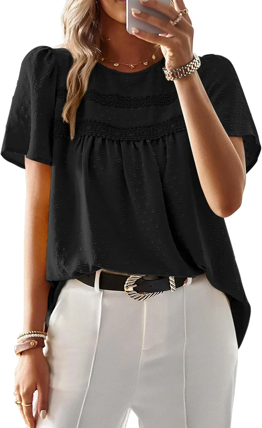 Womens Summer Tops Trendy Lace Crochet Short Sleeve Shirts Cute Casual Boho Flowy Chiffon Blouses